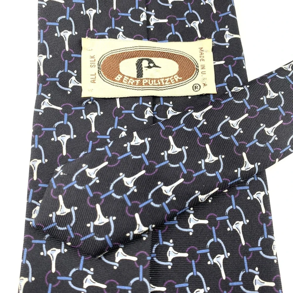 Bert Pulitzer Mens Tie Black w Blue Equestrian Pattern‎ Necktie 100% Silk USA